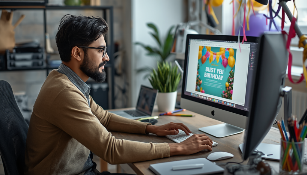 A professional Arabic male graphic designer, with 15 years of experience, is meticulously crafting a vibrant and modern blog image for a blog titled ".Top 7 Budget Friendly Birthday Decoration Ideas Home